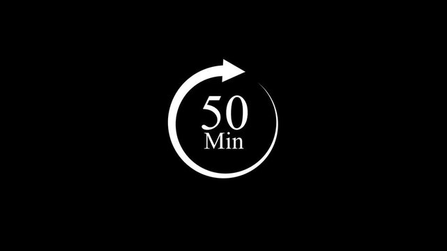 white circular 50 minute icon with an arrow on a black background, representing nonstop service and availability,4k video animation .