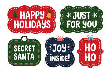 Scalloped holiday labels, happy holidays badge, just for you tag, secret santa and joy inside stickers, cozy christmas set, vector template