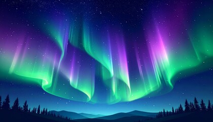 Fototapeta premium The stunning natural phenomenon of the Aurora Borealis, or Northern Lights, radiates across the dark night sky in vibrant hues of green and purple.&nbsp; This view features a landscabstract blue background