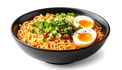 Spicy ramen noodles in a dark bowl, garnished with soft-boiled eggs and green onions
