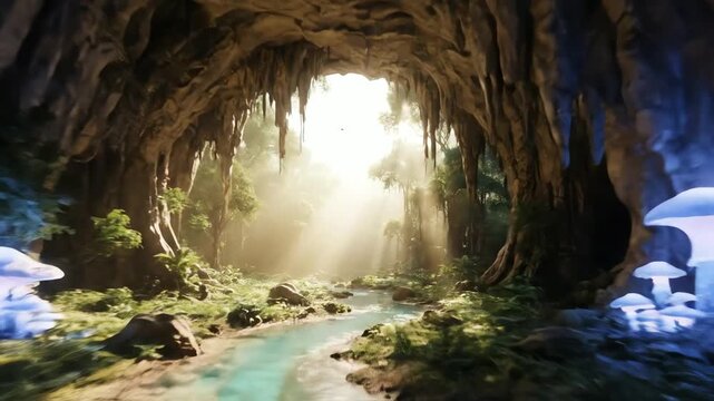 Miniature jungle scene with glowing mushrooms and a serene stream flowing through a cave with warm sunlight filtering in.