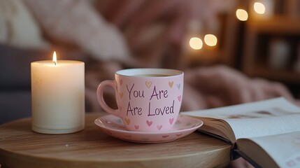 Cozy evening setting with a warm drink, candlelight, and an open book inviting tranquility and comfort