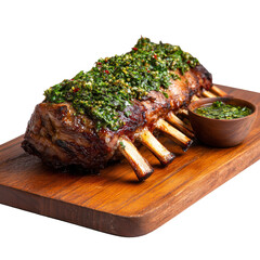 Gourmet  roast rack of lambs dinner with vegetables on a white plate in a restaurant setting