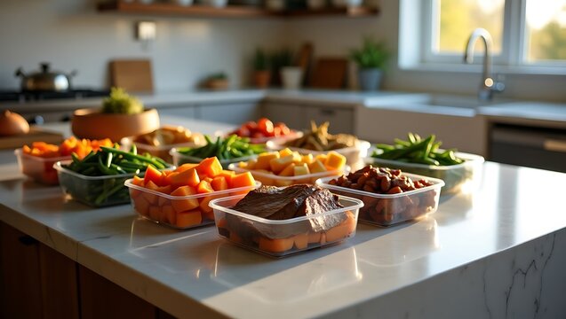 Meal prep containers with fresh vegetables and cooked ingredients