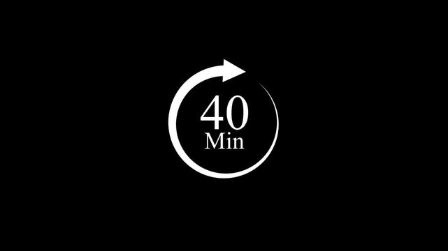 white circular 40 minute icon with an arrow on a black background, representing nonstop service and availability,
