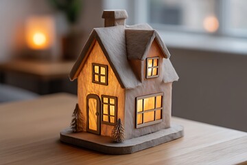 A small cardboard house standing on a wooden table, with light shining through the windows, creating a cozy and inviting atmosphere.