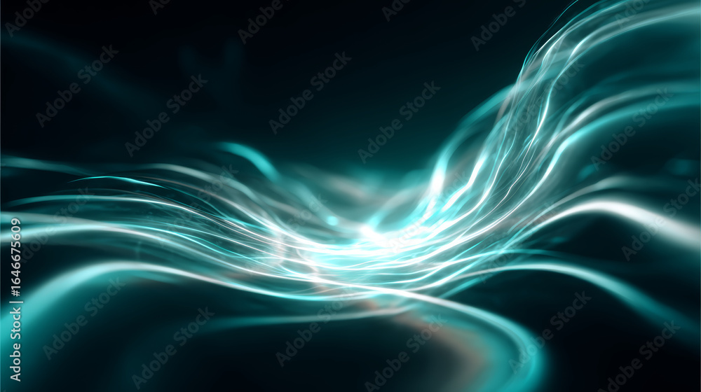 Poster Glowing blue light waves flow smoothly in dark space creating dynamic and futuristic abstract background with soft motion and energy