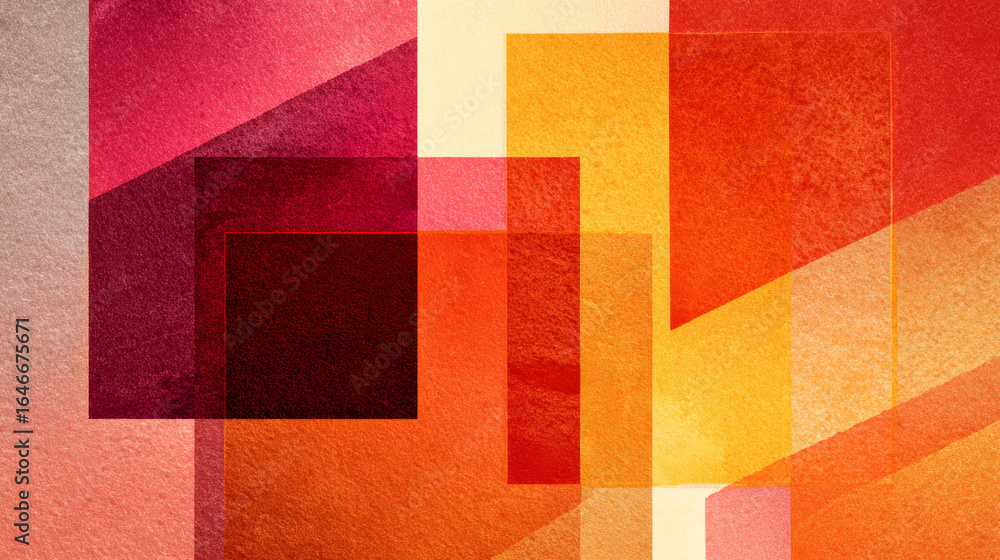 Poster abstract geometric background with overlapping translucent squares in warm red, orange, and yellow t