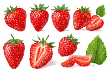 Nine vibrant, detailed illustrations of strawberries, whole and sliced, with leaves