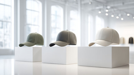 Baseball cap hat display white pedestal modern interior natural light minimalistic design casual accessory fashion item three caps