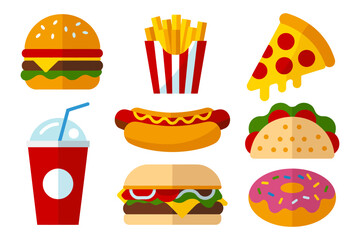 Burger fries pizza hot dog taco donut and drink, cafe menu icon bundle, bold color snack graphics, printable vector set