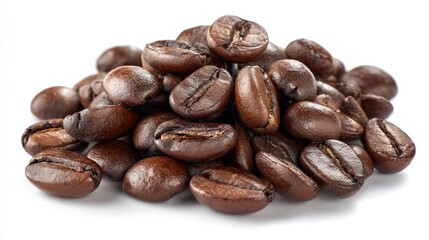 Roasted coffee beans piled high against white background