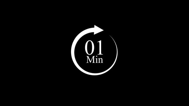 white circular 01 minute icon with an arrow on a black background, representing nonstop service and availability,4k video animation .