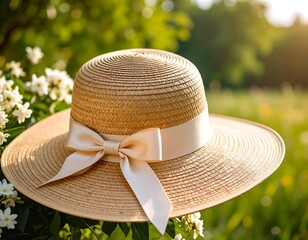 Beige straw sunhat, flowers