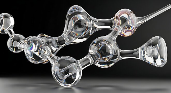 Molecular structure model featuring interconnected clear glass spheres and cylinders