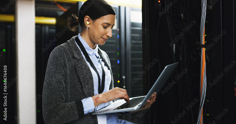 Poster inspection, maintenance and woman with laptop in control room for technical support in office. compu