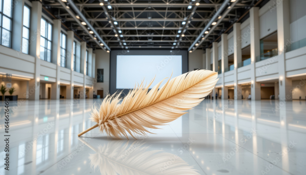Aufkleber soft feather lying on shiny floor in vast empty hall with large screen and modern architecture
