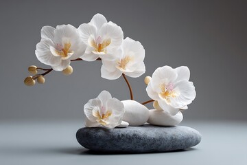 A spa still life composition with orchid flowers, evoking a sense of zen and tranquility, created with Generative AI.