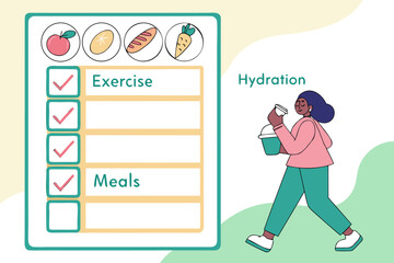 Healthy lifestyle checklist featuring exercise and meals with hydration reminder and food icons