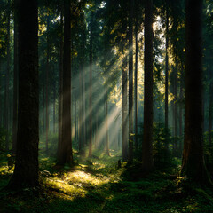 Obraz premium Lush Green Forest with Tall Trees and Sunlight Streaming Through the Canopy