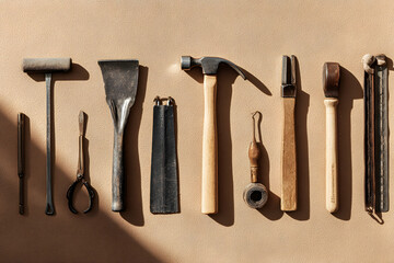 Discover essential leatherworking tools laid out for crafting, a collection of skilled artisan instruments ready for your next project.