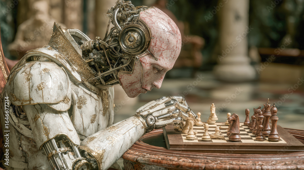 Poster robot playing chess intricate design focused expression futuristic setting strategic game artificial