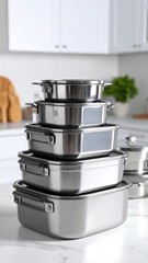 Stack of stainless steel cookware on a kitchen counter