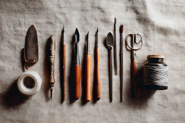 Discover vintage sculpting tools and art supplies meticulously arranged for creative inspiration and artistic expression.