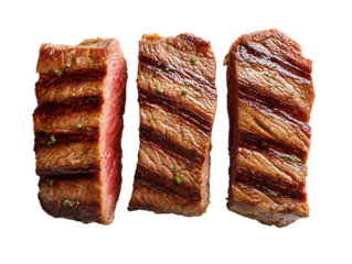 Three thin clearly isolated small slices of medium rare grilled beef laying flat, mexican style, top-down view, isolated on transparent background