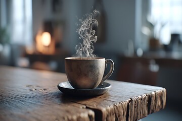 A steaming coffee cup placed on a rustic wooden table, captured in a cozy atmosphere for a close-up shot that invites relaxation.