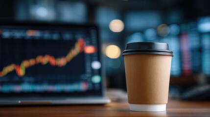 A disposable coffee cup sits on a desk in front of a laptop displaying stock market graphs. The scene conveys a business or finance theme.
