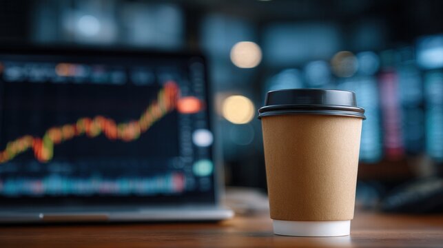 A disposable coffee cup sits on a desk in front of a laptop displaying stock market graphs. The scene conveys a business or finance theme.