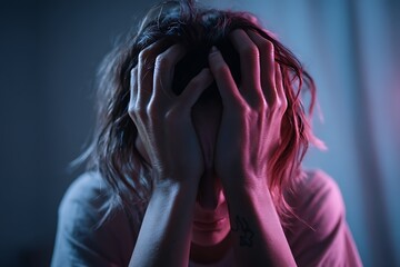 A stressed woman clutches her head in frustration, surrounded by soft lighting, embodying anxiety and pressure in a quiet, emotional moment.