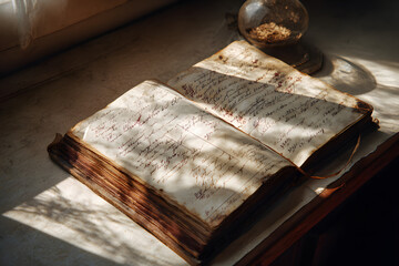 Discover history's secrets within this antique open ledger filled with faded handwritten script and...