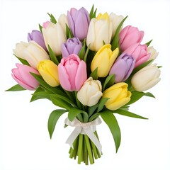 Naklejka premium Romantic Mixed Tulip Bouquet with Soft Petals and Green Leaves Isolated on White Background
