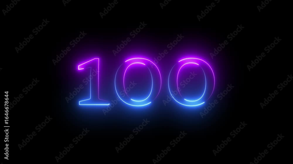 Poster glowing neon text 100 number countdown icon. nine hundred number neon number 100 with alpha channel,