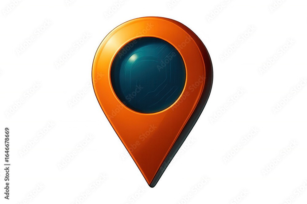 Poster orange location pin featuring a futuristic digital interface, isolated against a transparent backgro