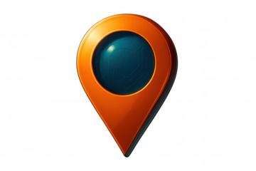 Orange location pin featuring a futuristic digital interface, isolated against a transparent background, symbolizes navigation and geolocation