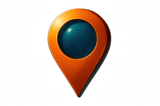Orange location pin featuring a futuristic digital interface, isolated against a transparent background, symbolizes navigation and geolocation