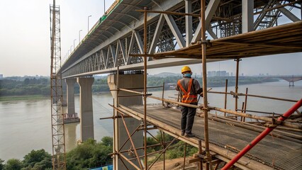 Naklejka premium Construction worker overseeing bridge project over river