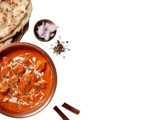 top view of Indian butter chicken in a traditional copper bowl, placed on one side of the frame on a plain white background