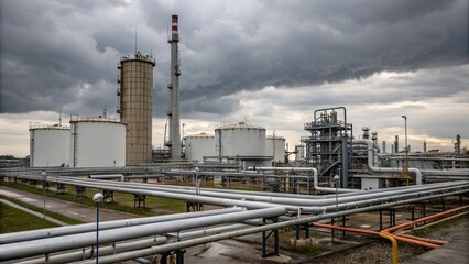 Obraz premium Industrial oil refinery under dramatic stormy skies