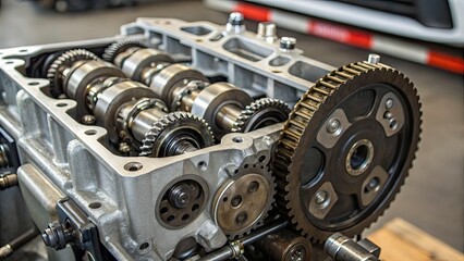 Fototapeta premium Close-up of an intricate engine assembly in a workshop