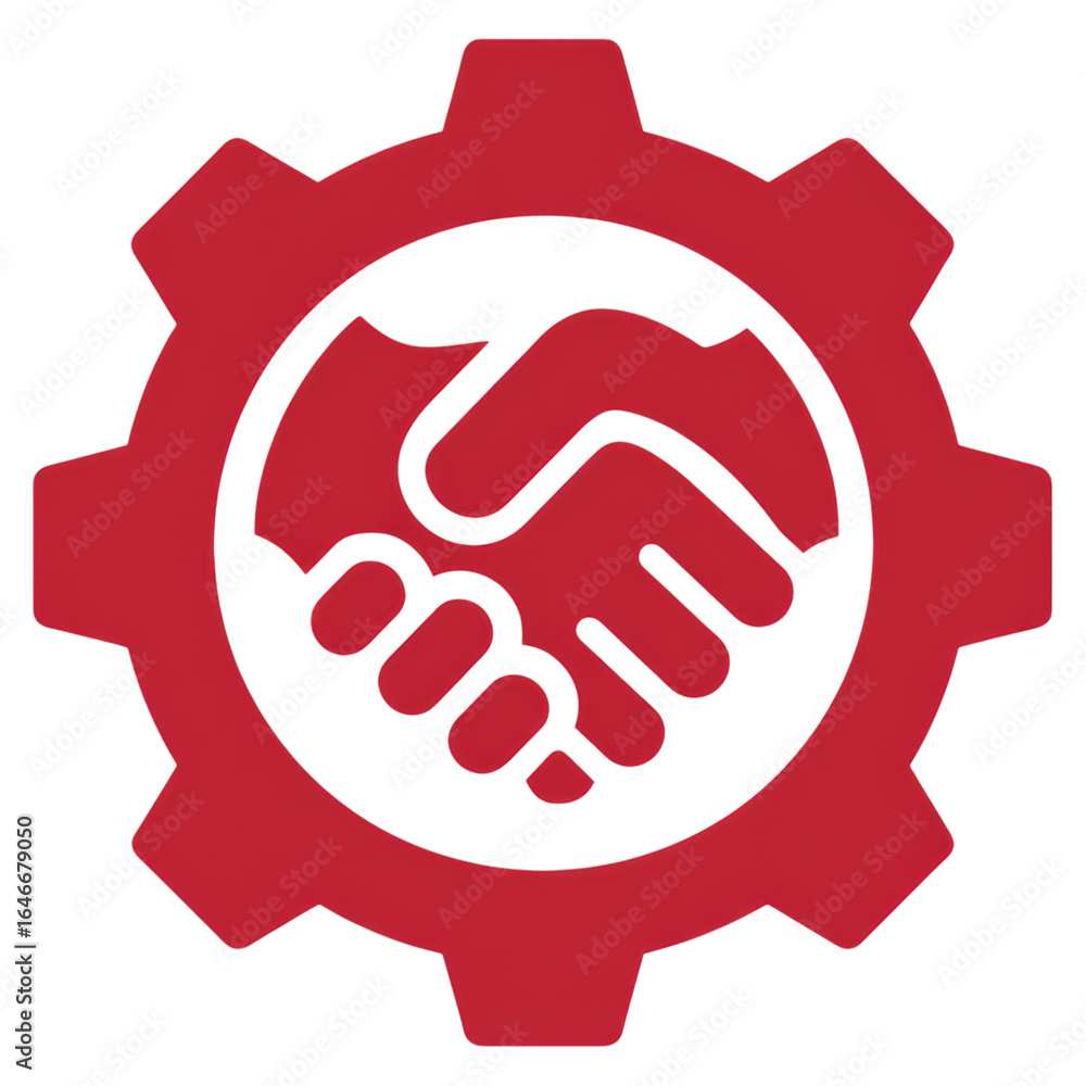 Poster handshake symbol representing collaboration and partnership within gear emblem, emphasizing open sou