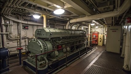 Industrial engine room with large machinery and pipes