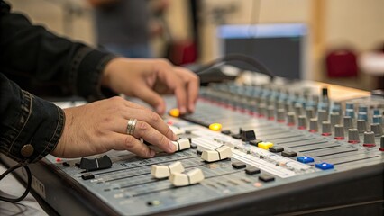 Hands adjusting audio mixer controls in a studio setting