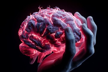 A striking depiction of a glowing brain with a hand signifying headache, mental strain, or migraine, captured with vivid lighting and intense emotion.
