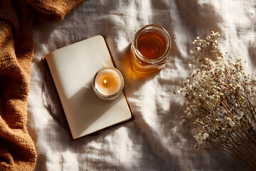 Warm glow of a lit candle illuminates an open notebook next to a jar of honey and dried flowers,...