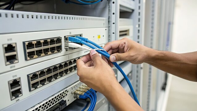 Technician connecting network cables in a server room