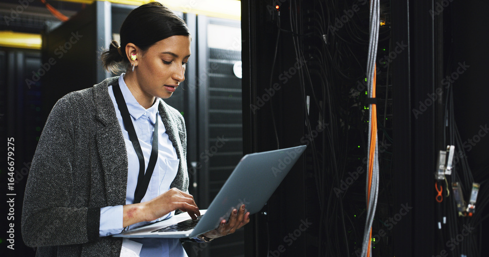 Poster inspection, technical support and woman with laptop in control room for maintenance in office. compu
